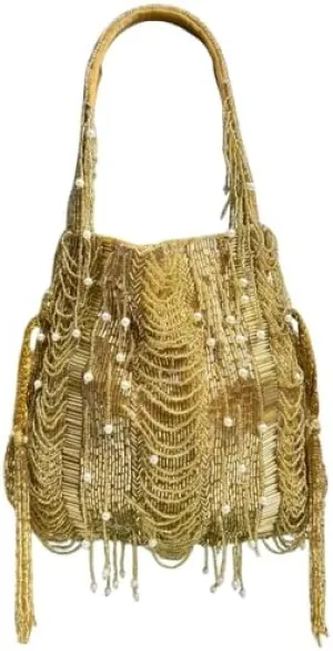 Handmade Beaded Sequin Evening Potli Bag  Gold Fringe Shoulder Handbag | Vintage Indian Purse for Weddings, Parties & Special Occasions
