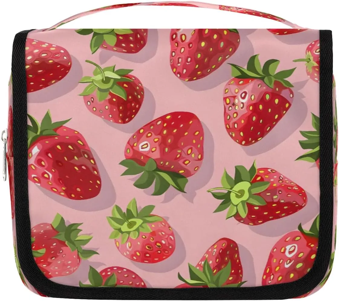 Hanging Travel Toiletry Bag Fresh Strawberry Toiletry Bags with Hanging Hook Portable Cosmetic Bag Makeup Organizer for Travel Business Trip