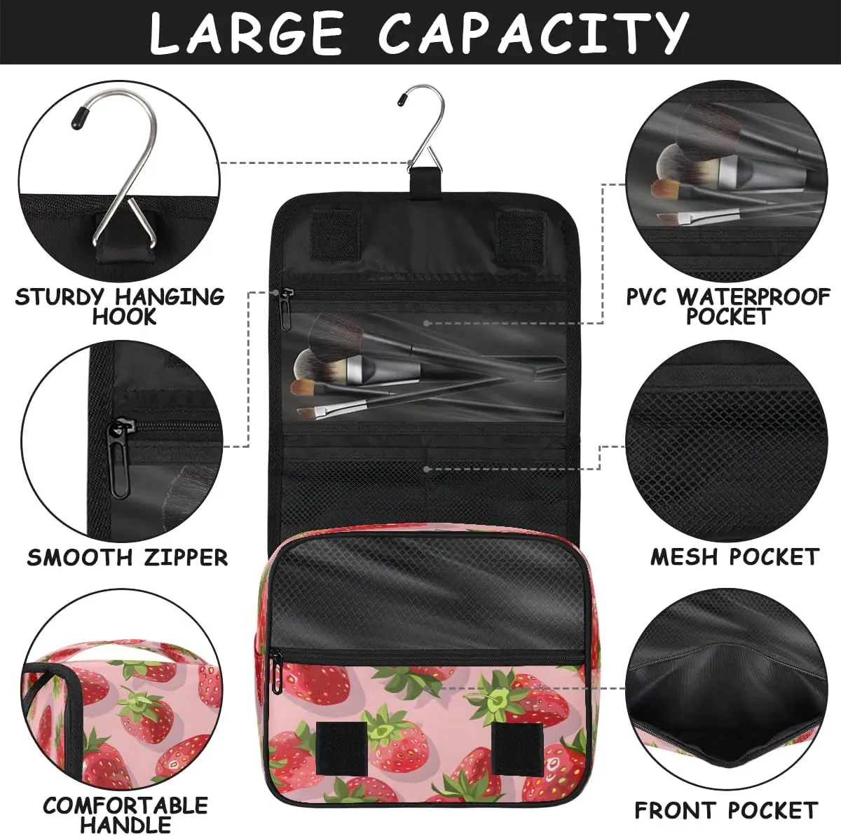 Hanging Travel Toiletry Bag Fresh Strawberry Toiletry Bags with Hanging Hook Portable Cosmetic Bag Makeup Organizer for Travel Business Trip