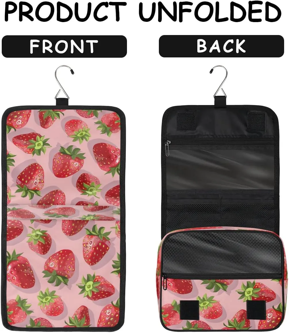 Hanging Travel Toiletry Bag Fresh Strawberry Toiletry Bags with Hanging Hook Portable Cosmetic Bag Makeup Organizer for Travel Business Trip