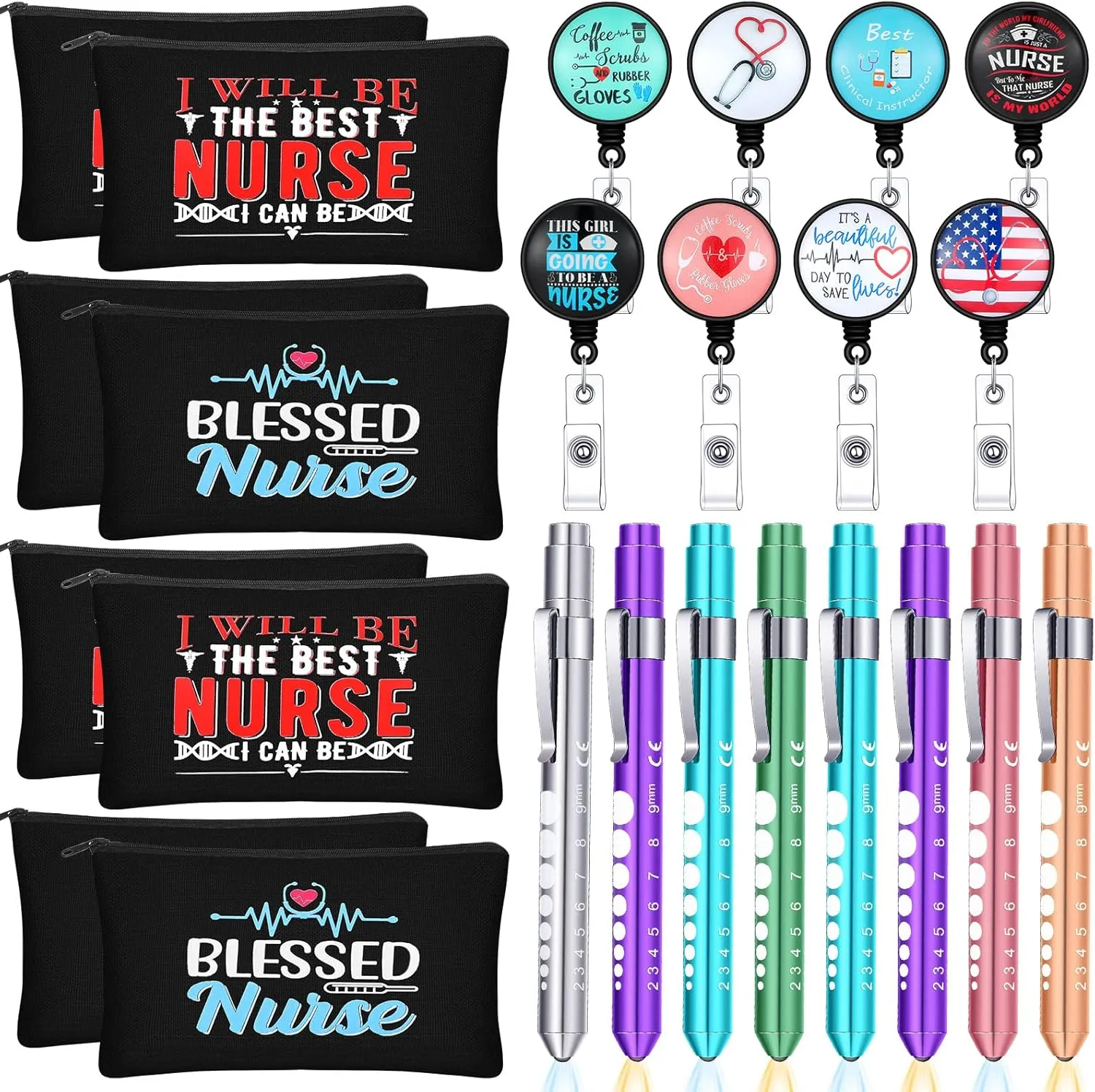 Hoolerry 24 Pcs CNA Week Gifts Bulk 2025 Nurse Badge Reel Penlight Makeup Bagsfor Nurse Graduation Gifts Women Doctor Worker CNA Appreciation(Fresh Pattern)