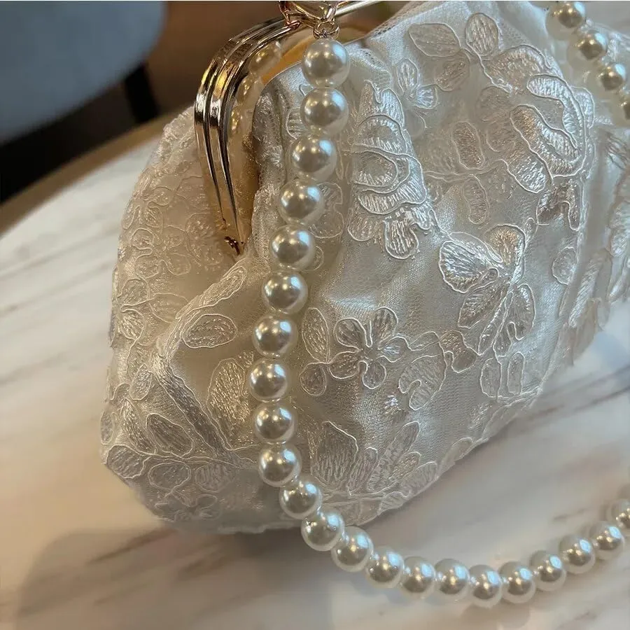 HUFFA Embroidered Evening Handbags Pearl Chain Shoulder Bag All-Match Clip Dinner Party Clutch Purse Women Messenger Bags (Color : White, Size : One Size)