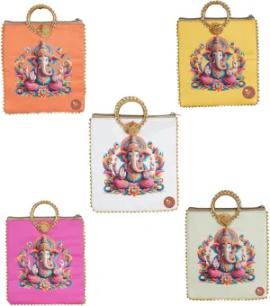 IGH Potli Bag for Women Ethnic Silk Brocade Pouch Ganesha Design Purse Lotus Print Gift Bags Traditional Ladies Batwa Handmade Clutch Handbag 9x8 Inches [5 Pack Multicolour]