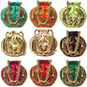 IGH Wholesale Lot | Handmade Embroidered Clutch Purse Potli Bag Drawstring Pouch Bag Peacock Embroidered Potli for Wedding Favor, Pack of 1 Pcs