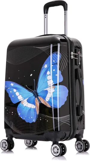 InUSA Black Butterfly Print Luggage with Spinner Wheels | Durable Lightweight Hardside Suitcase | Travel Bag with Handle and Trolley | 20 Inch Carry-On Spinner Luggage