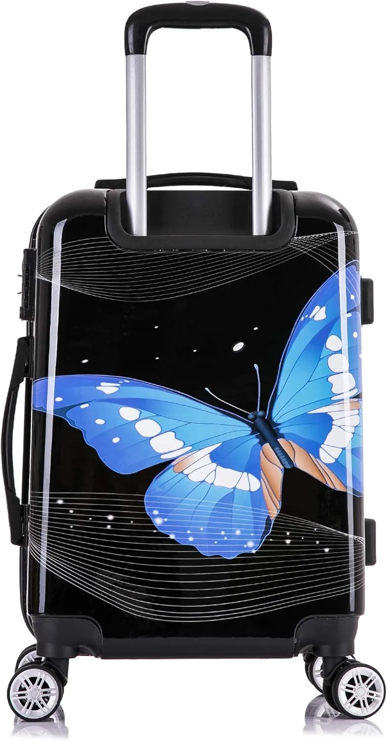 InUSA Black Butterfly Print Luggage with Spinner Wheels | Durable Lightweight Hardside Suitcase | Travel Bag with Handle and Trolley | 20 Inch Carry-On Spinner Luggage