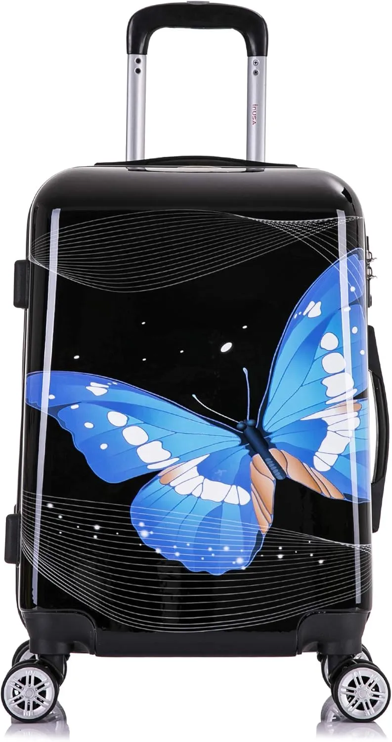 InUSA Black Butterfly Print Luggage with Spinner Wheels | Durable Lightweight Hardside Suitcase | Travel Bag with Handle and Trolley | 20 Inch Carry-On Spinner Luggage
