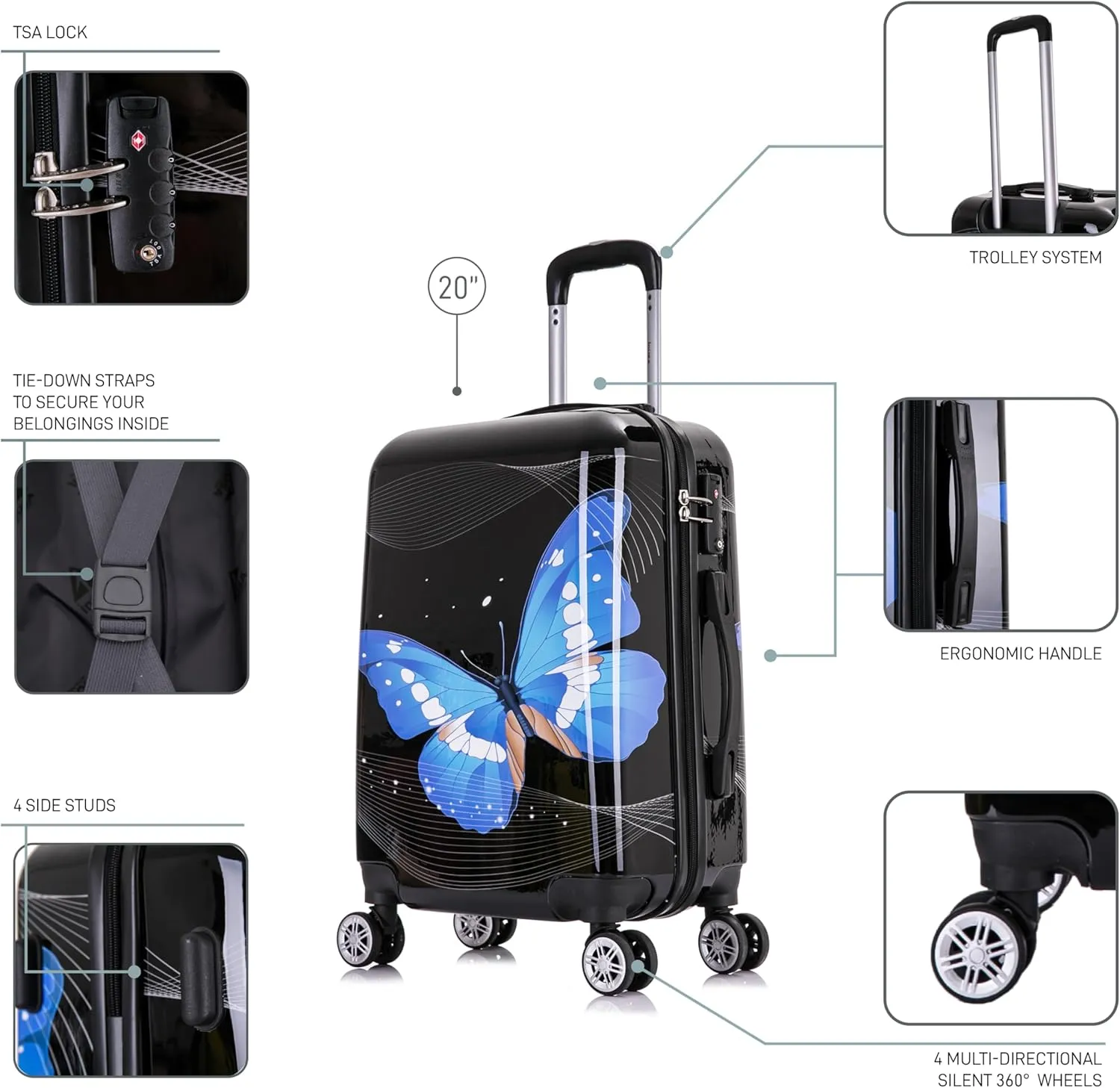 InUSA Black Butterfly Print Luggage with Spinner Wheels | Durable Lightweight Hardside Suitcase | Travel Bag with Handle and Trolley | 20 Inch Carry-On Spinner Luggage