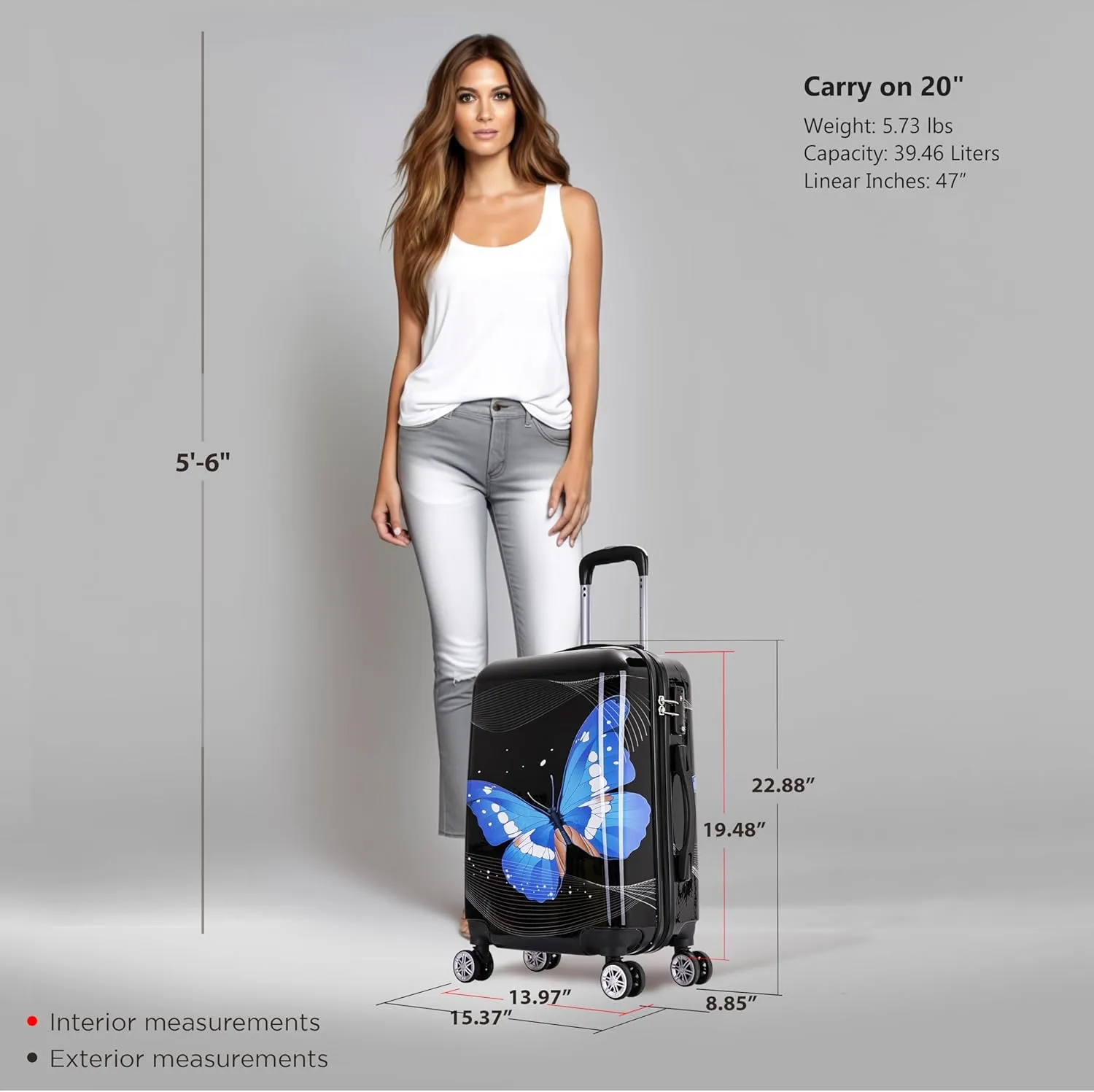 InUSA Black Butterfly Print Luggage with Spinner Wheels | Durable Lightweight Hardside Suitcase | Travel Bag with Handle and Trolley | 20 Inch Carry-On Spinner Luggage