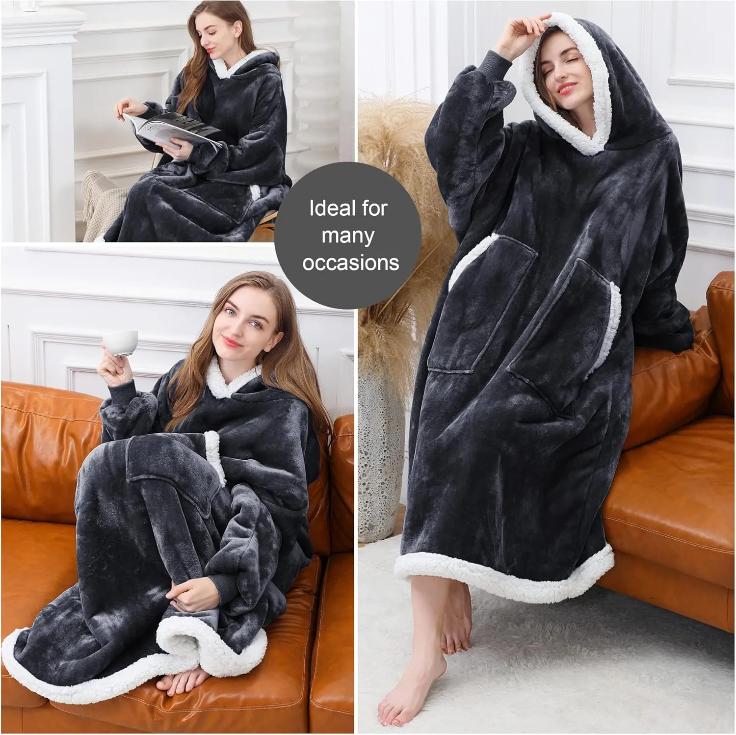 Kipswiza Blanket Hoodie - Wearable Hooded Blankets Long Cozy Flannel & Sherpa with 2 Big Pockets for Women Men Mom Daughter Wife Family Friends Gifts, Dark Gray