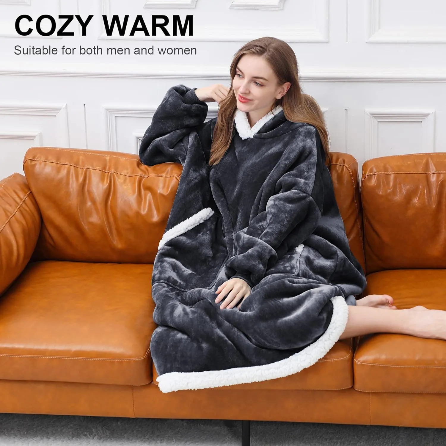 Kipswiza Blanket Hoodie - Wearable Hooded Blankets Long Cozy Flannel & Sherpa with 2 Big Pockets for Women Men Mom Daughter Wife Family Friends Gifts, Dark Gray