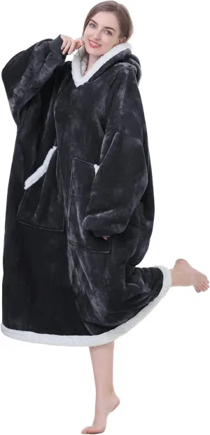 Kipswiza Blanket Hoodie - Wearable Hooded Blankets Long Cozy Flannel & Sherpa with 2 Big Pockets for Women Men Mom Daughter Wife Family Friends Gifts, Dark Gray
