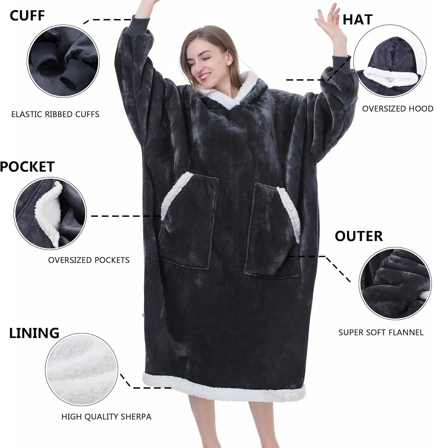 Kipswiza Blanket Hoodie - Wearable Hooded Blankets Long Cozy Flannel & Sherpa with 2 Big Pockets for Women Men Mom Daughter Wife Family Friends Gifts, Dark Gray