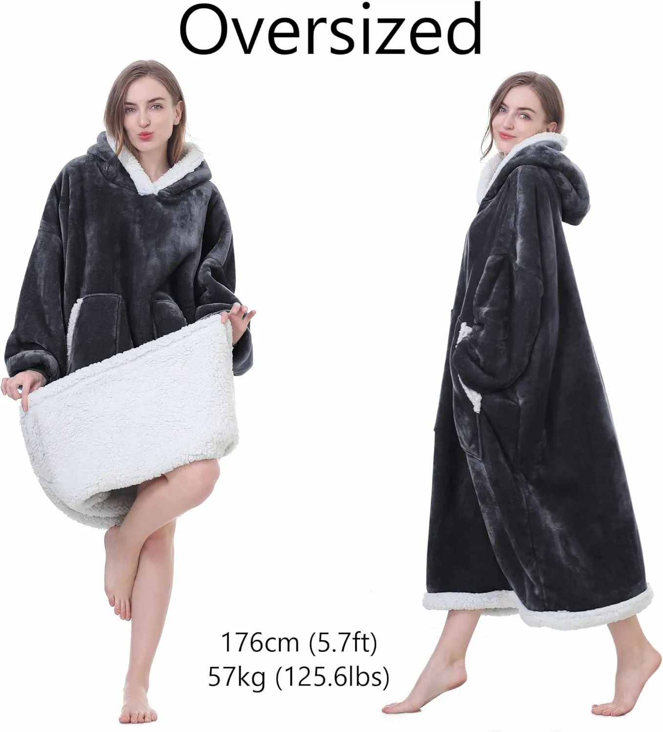 Kipswiza Blanket Hoodie - Wearable Hooded Blankets Long Cozy Flannel & Sherpa with 2 Big Pockets for Women Men Mom Daughter Wife Family Friends Gifts, Dark Gray