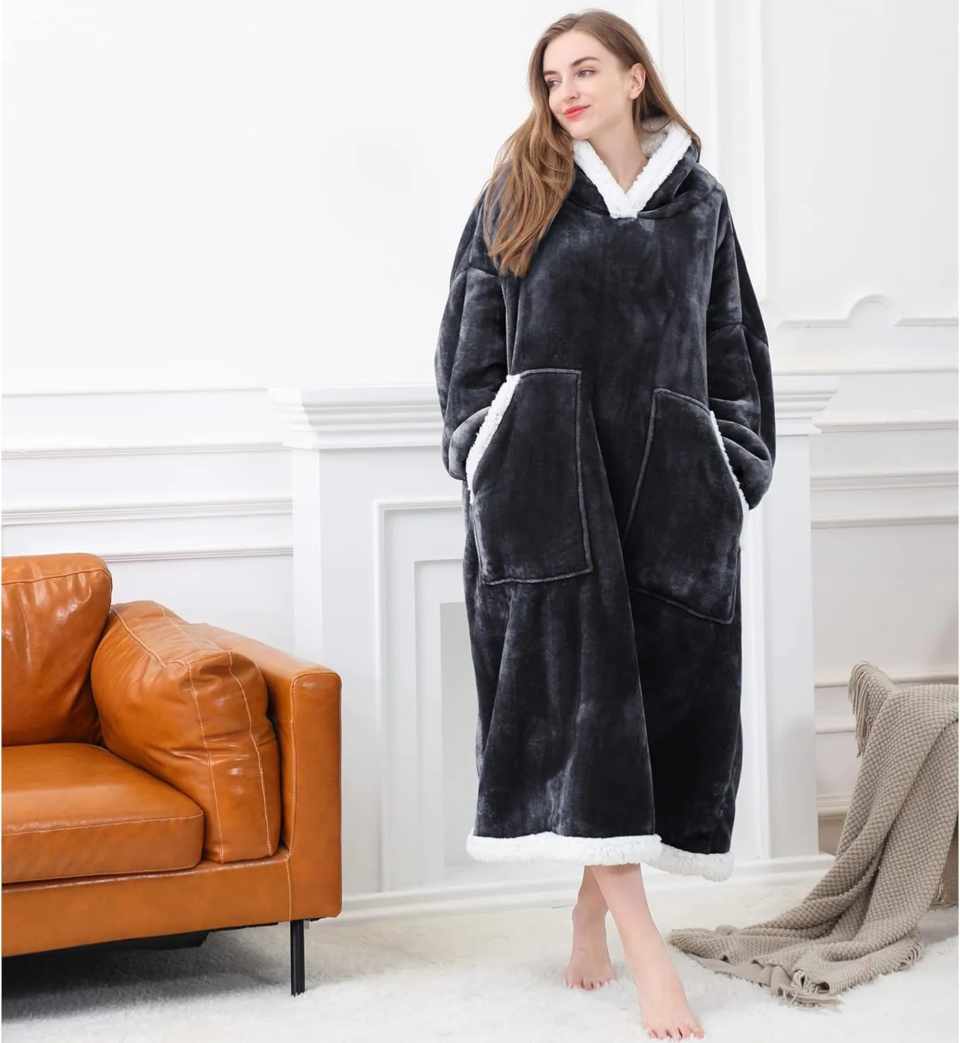 Kipswiza Blanket Hoodie - Wearable Hooded Blankets Long Cozy Flannel & Sherpa with 2 Big Pockets for Women Men Mom Daughter Wife Family Friends Gifts, Dark Gray