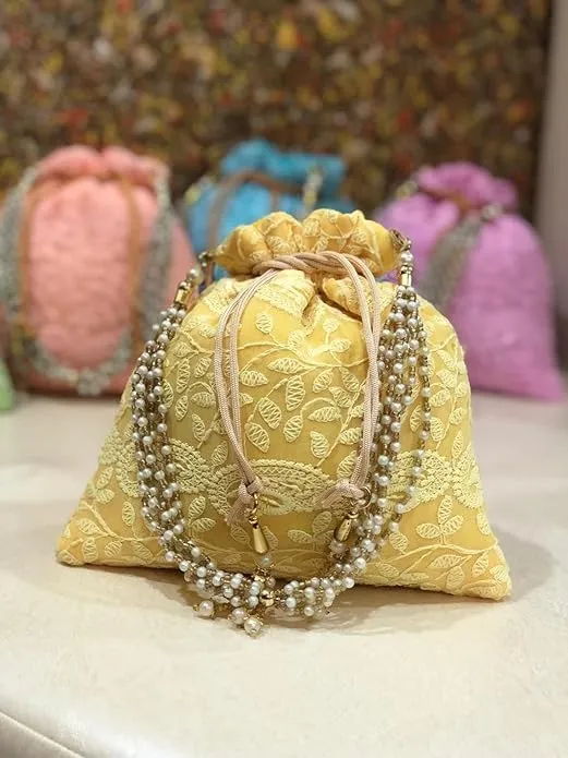 KUMKUM FASHIONS Chikankari Potli Drawstring Bag For Women, Clutch Purse Potli Bag Wedding Decor, Embroidered Clutch