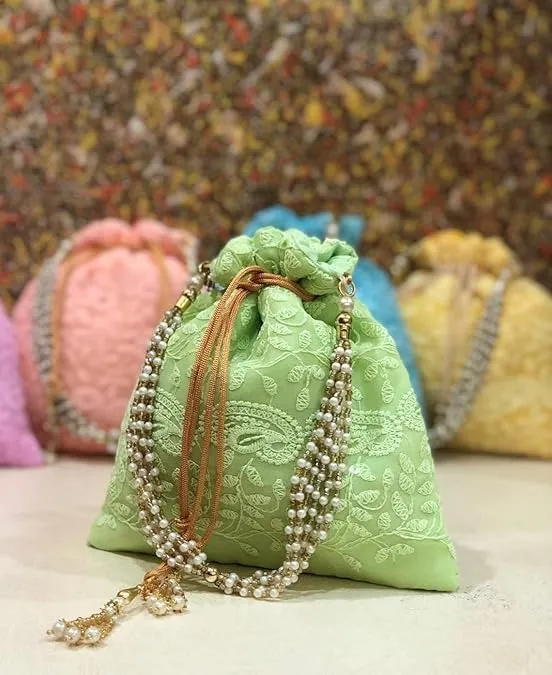 KUMKUM FASHIONS Chikankari Potli Drawstring Bag For Women, Clutch Purse Potli Bag Wedding Decor, Embroidered Clutch