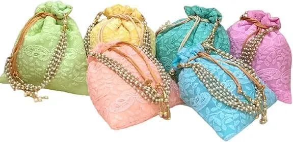 KUMKUM FASHIONS Chikankari Potli Drawstring Bag For Women, Clutch Purse Potli Bag Wedding Decor, Embroidered Clutch