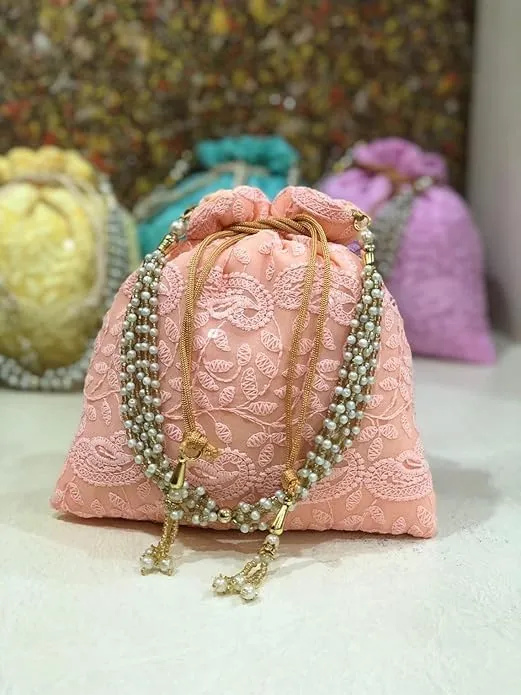 KUMKUM FASHIONS Chikankari Potli Drawstring Bag For Women, Clutch Purse Potli Bag Wedding Decor, Embroidered Clutch