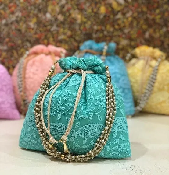 KUMKUM FASHIONS Chikankari Potli Drawstring Bag For Women, Clutch Purse Potli Bag Wedding Decor, Embroidered Clutch