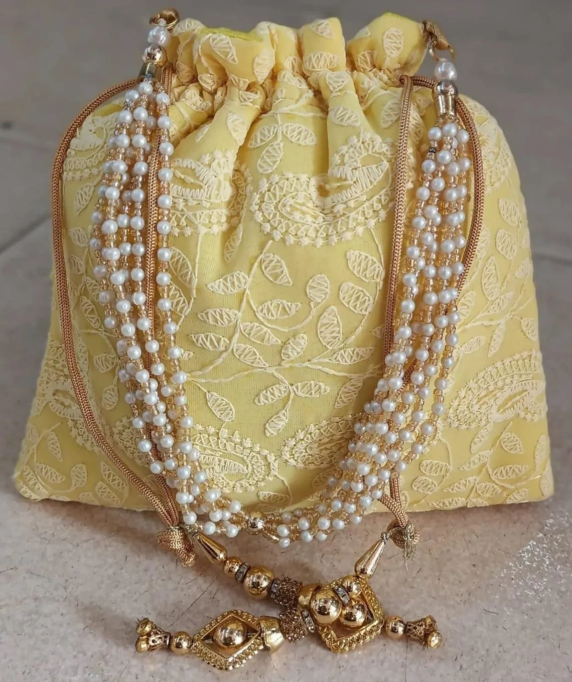 KUMKUM FASHIONS Chikankari Potli Drawstring Bag For Women, Clutch Purse Potli Bag Wedding Favor Embroidered Clutch Handbag