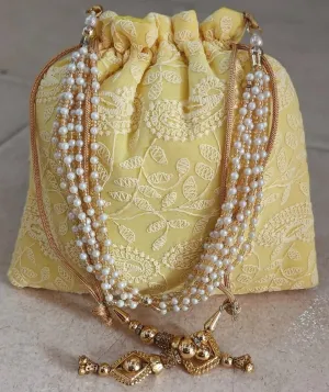 KUMKUM FASHIONS Chikankari Potli Drawstring Bag For Women, Clutch Purse Potli Bag Wedding Favor Embroidered Clutch Handbag