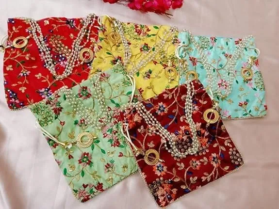 KUMKUM FASHIONS Embroidered Silk Pouch Bag | Designer Women Potli Bags | Handle Purse Clutch Purse