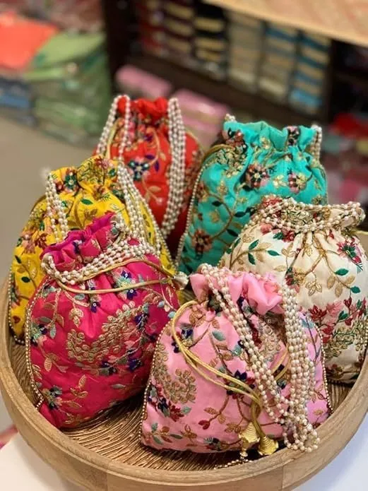 KUMKUM FASHIONS Embroidered Silk Pouch Bag | Designer Women Potli Bags | Handle Purse Clutch Purse