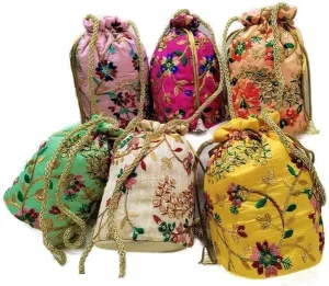 KUMKUM FASHIONS Embroidered Silk Pouch Bag | Designer Women Potli Bags | Handle Purse Clutch Purse