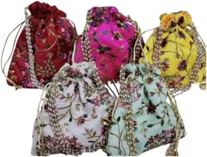 KUMKUM FASHIONS Handmade Potli Drawstring Bag For Women, Clutch Purse Potli Bag Wedding Decor, Embroidered Clutch Organizer