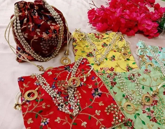KUMKUM FASHIONS Handmade Potli Drawstring Bag For Women, Clutch Purse Potli Bag Wedding Decor, Embroidered Clutch Organizer