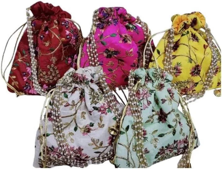 KUMKUM FASHIONS Handmade Potli Drawstring Bag For Women, Clutch Purse Potli Bag Wedding Decor, Embroidered Clutch Organizer
