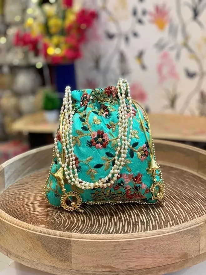 KUMKUM FASHIONS Handmade Potli Drawstring Bag For Women, Clutch Purse Potli Bag Wedding Decor, Embroidered Clutch Organizer