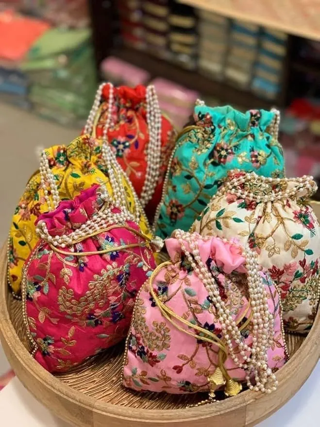 KUMKUM FASHIONS Handmade Potli Drawstring Bag For Women, Clutch Purse Potli Bag Wedding Decor, Embroidered Clutch Organizer