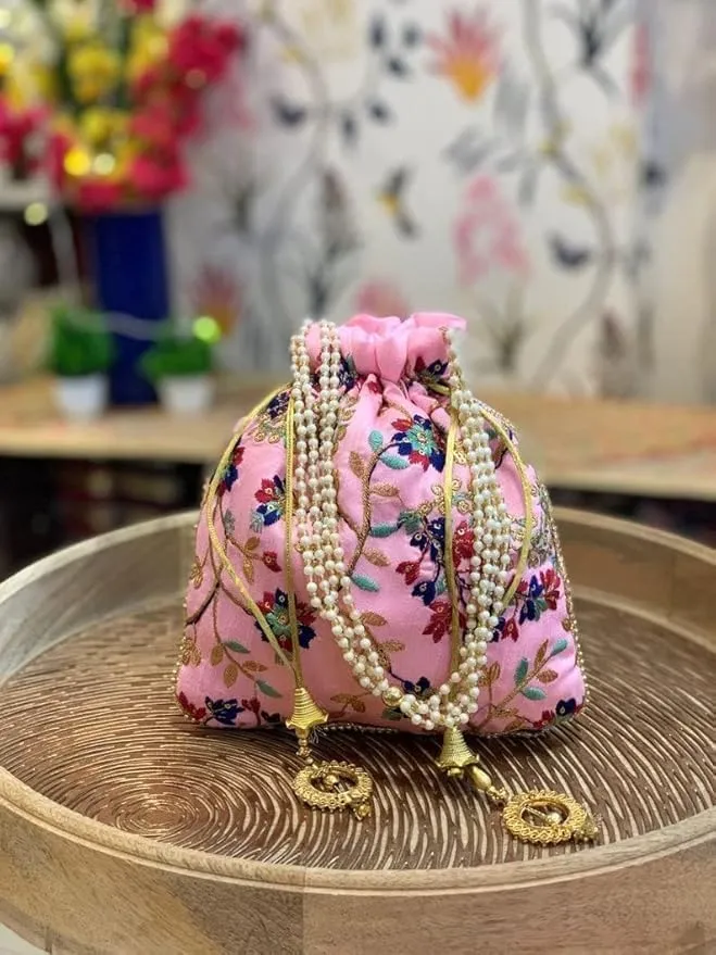 KUMKUM FASHIONS Handmade Potli Drawstring Bag For Women, Clutch Purse Potli Bag Wedding Decor, Embroidered Clutch Organizer
