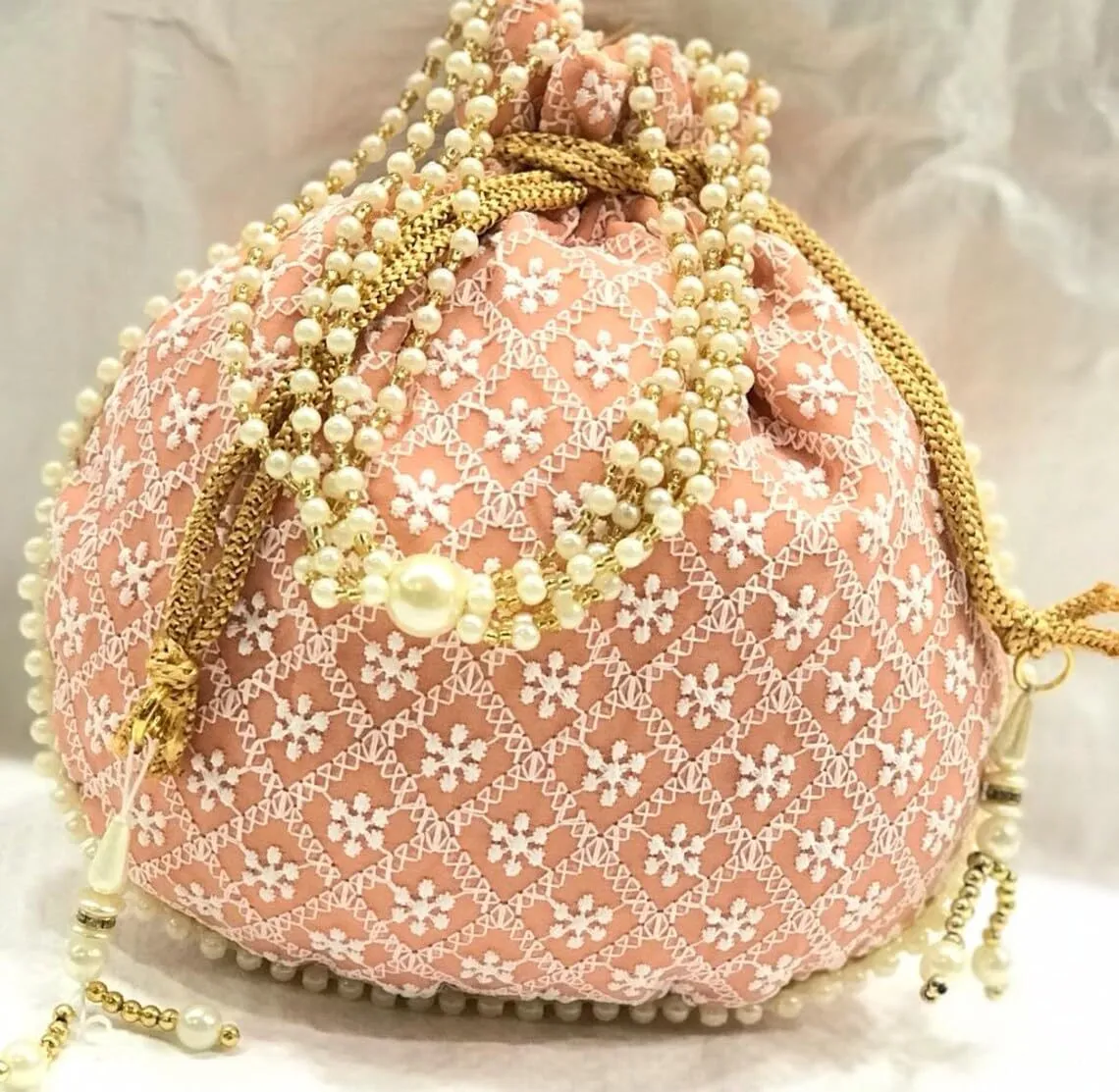 KUMKUM FASHIONS Lucknowi Chikankari Work Evening Party Indian Style Clutch Potli Bag For Women, Wedding Favor, Return Gift