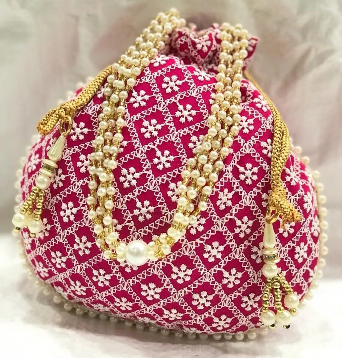 KUMKUM FASHIONS Lucknowi Chikankari Work Evening Party Indian Style Clutch Potli Bag For Women, Wedding Favor, Return Gift