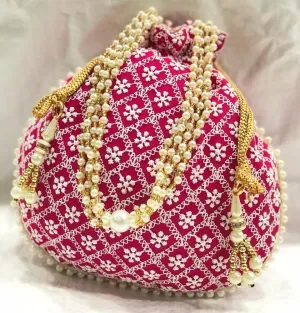 KUMKUM FASHIONS Lucknowi Chikankari Work Evening Party Indian Style Clutch Potli Bag For Women, Wedding Favor, Return Gift