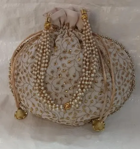 KUMKUM FASHIONS Rajasthani Style Royal Clutch Silk Batwa Bag Golden Embroired Ethnic Potli For Women's Zari Work Potli