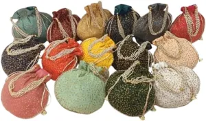 KUMKUM FASHIONS Rajasthani Style Royal Clutch Silk Batwa Bag Golden Embroired Ethnic Potli For Women's Zari Work Potli