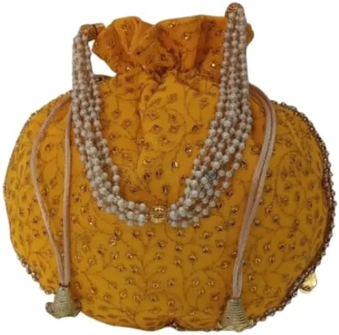 KUMKUM FASHIONS Rajasthani Style Royal Clutch Silk Batwa Bag Golden Embroired Ethnic Potli For Women's Zari Work Potli