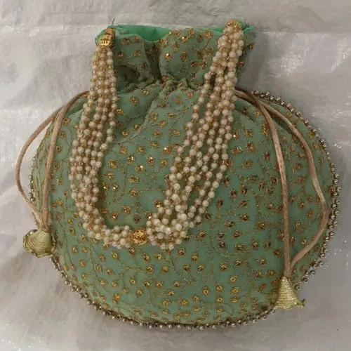 KUMKUM FASHIONS Rajasthani Style Royal Clutch Silk Batwa Bag Golden Embroired Ethnic Potli For Women's Zari Work Potli