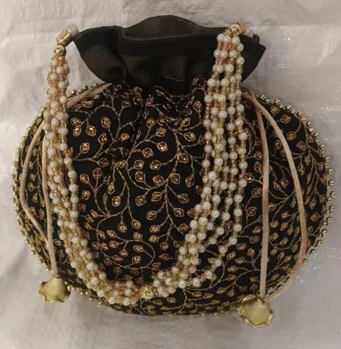 KUMKUM FASHIONS Rajasthani Style Royal Clutch Silk Batwa Bag Golden Embroired Ethnic Potli For Women's Zari Work Potli