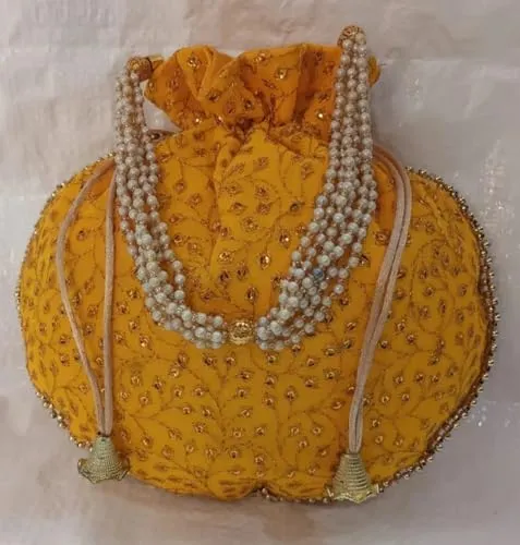 KUMKUM FASHIONS Rajasthani Style Royal Clutch Silk Batwa Bag Golden Embroired Ethnic Potli For Women's Zari Work Potli