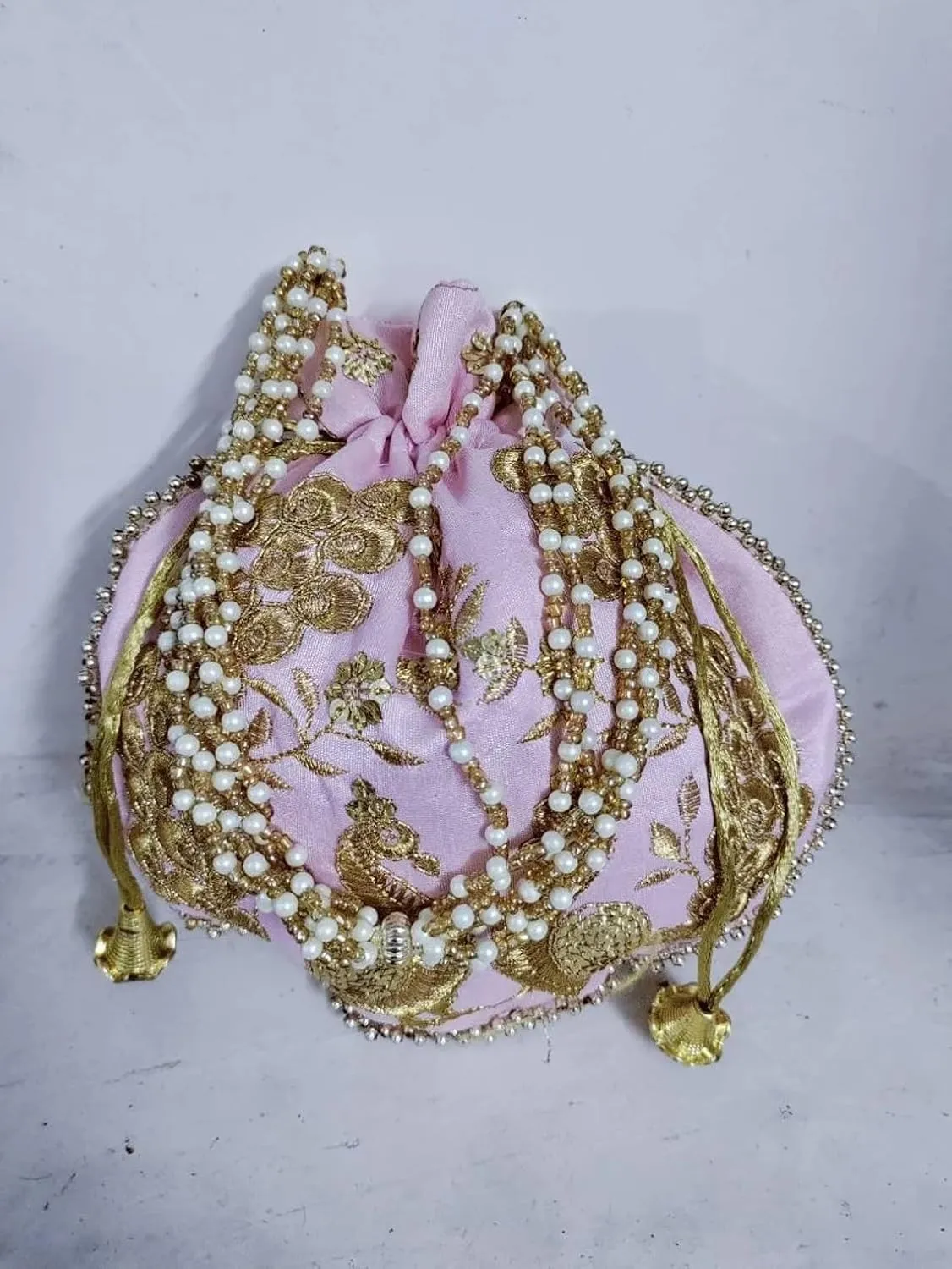 KUMKUM FASHIONS Zari Work Potli Bag Wedding Return Gift Favor Purse Ethnic Pearl Handle Drawstring Potli Bridesmaid Bag