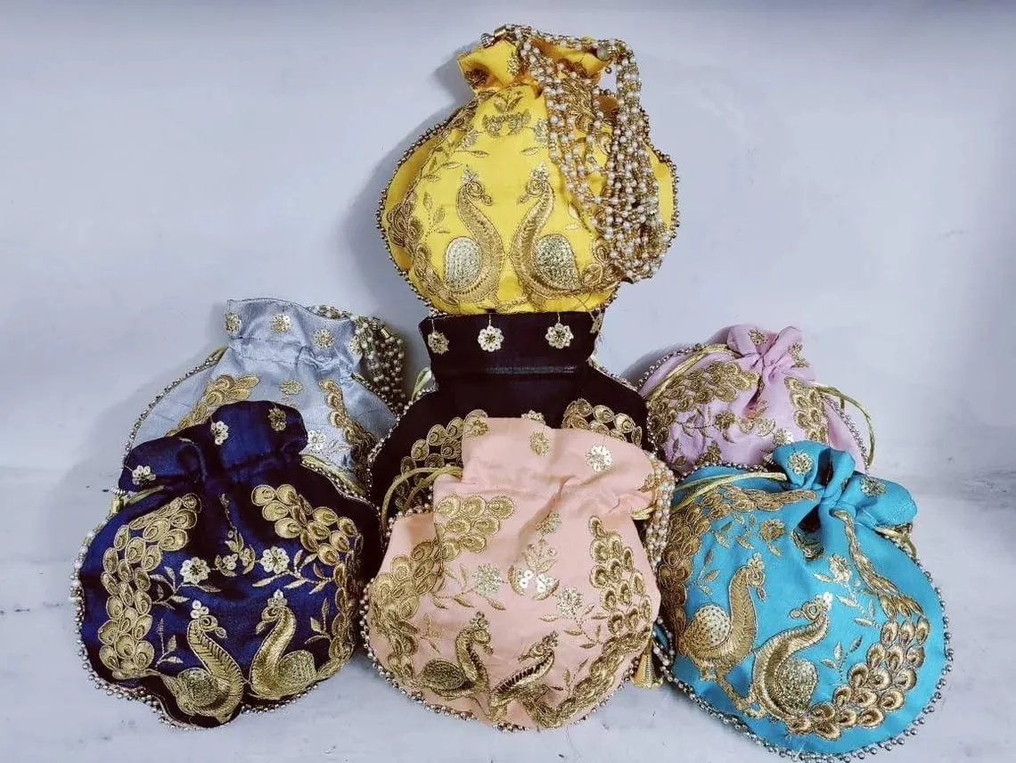KUMKUM FASHIONS Zari Work Potli Bag Wedding Return Gift Favor Purse Ethnic Pearl Handle Drawstring Potli Bridesmaid Bag