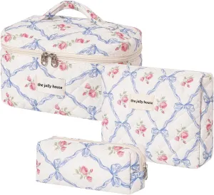 LAKSMI 3PCS Cotton Quilted Floral Makeup Bag Set for Women Girls, Cute Make Up Bags with Brush Pockets, Large Wide-Open Toiletry Pouch Gifts for Toiletries Accessories Travelling Essentials