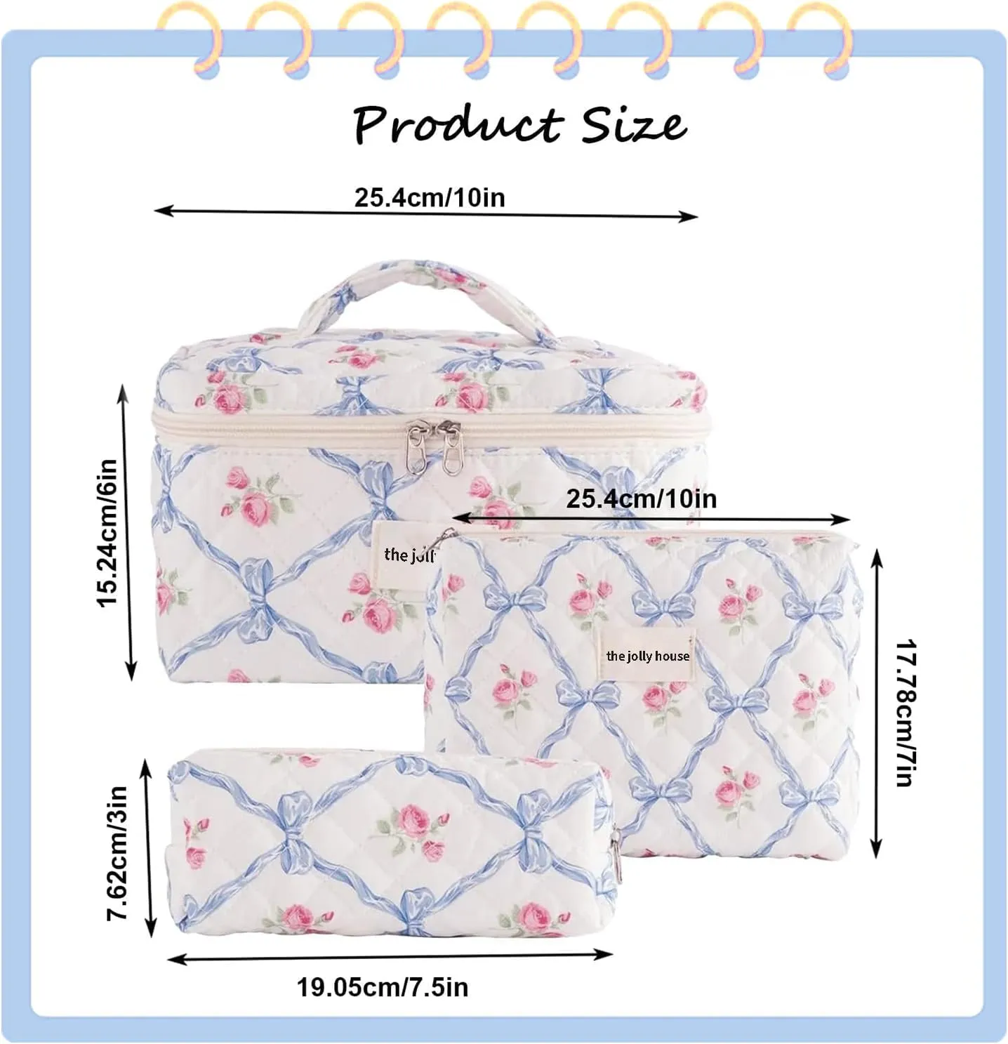 LAKSMI 3PCS Cotton Quilted Floral Makeup Bag Set for Women Girls, Cute Make Up Bags with Brush Pockets, Large Wide-Open Toiletry Pouch Gifts for Toiletries Accessories Travelling Essentials
