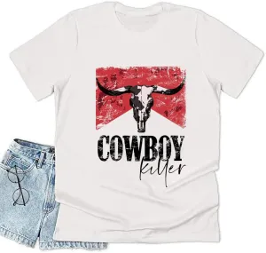 Let 'er Rip Cowboy Short Sleeve Country Music Women's T Shirt Letter Print Tees Vintage Graphic Top
