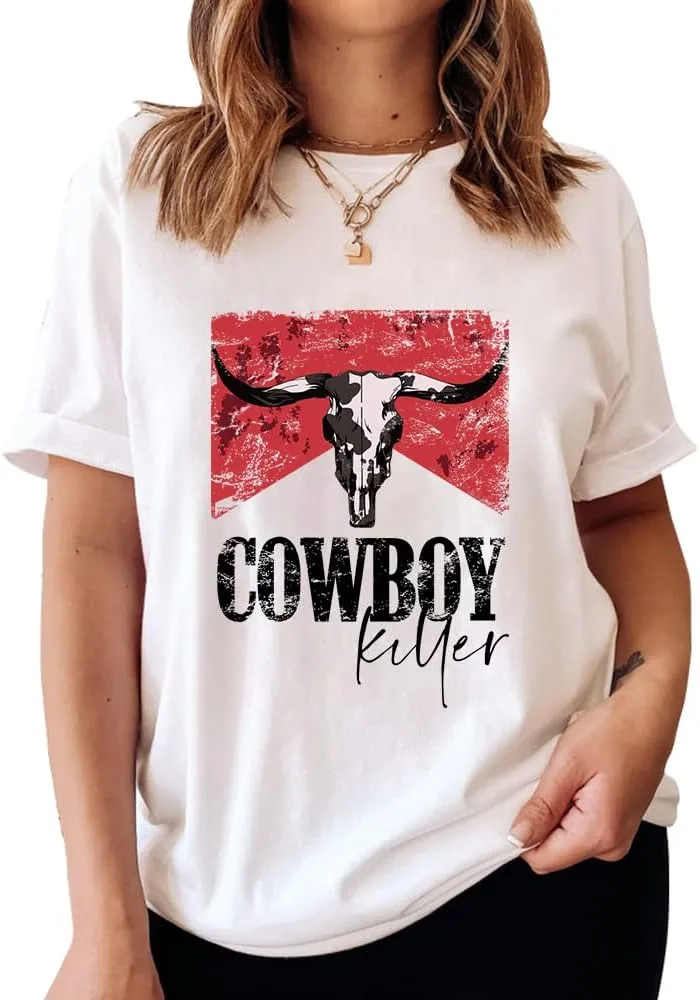 Let 'er Rip Cowboy Short Sleeve Country Music Women's T Shirt Letter Print Tees Vintage Graphic Top